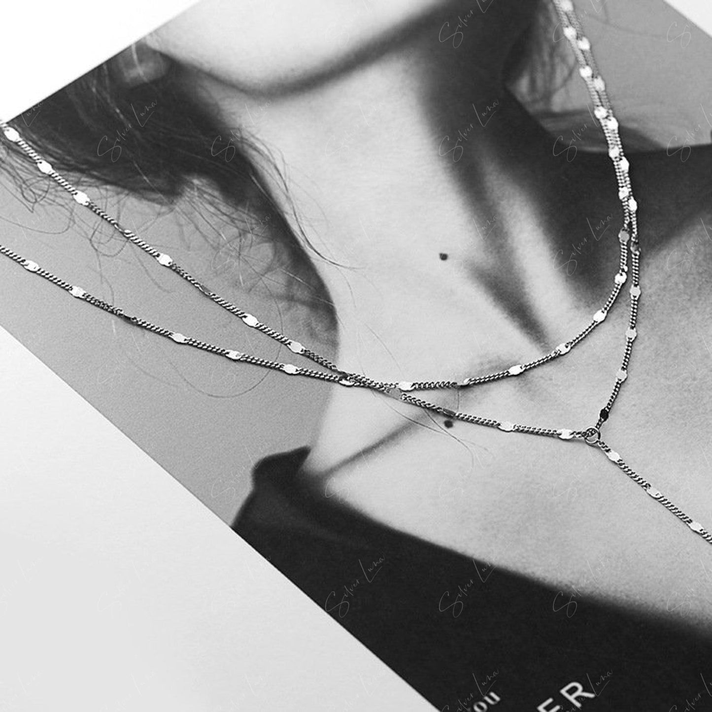 Double layer long chain silver necklace