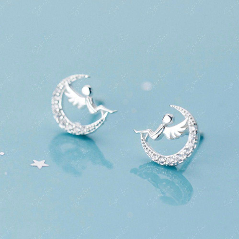 Fairy angel on crescent moon stud earrings