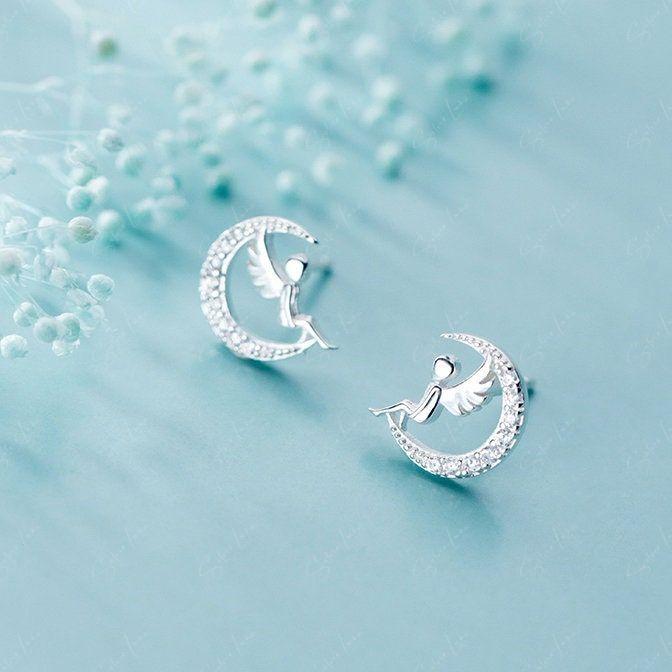 Fairy angel on crescent moon stud earrings