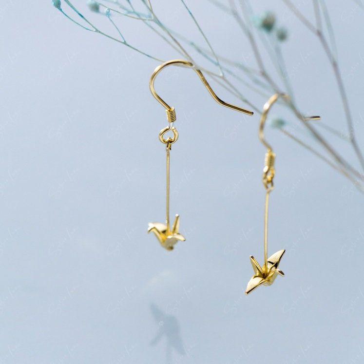origami paper crane silver earrings