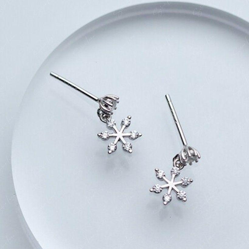 Tiny snowflake drop sterling silver stud earrings