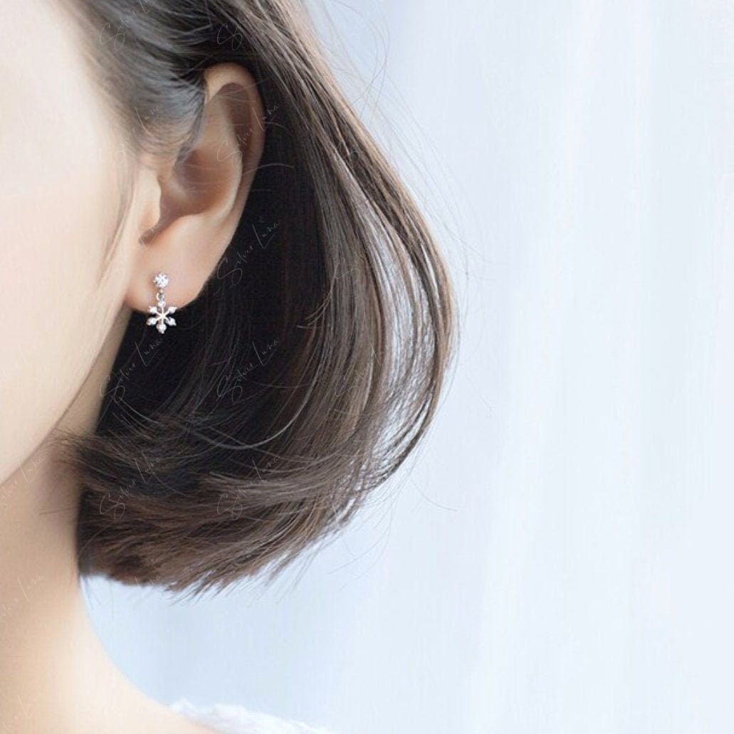 Tiny snowflake drop sterling silver stud earrings