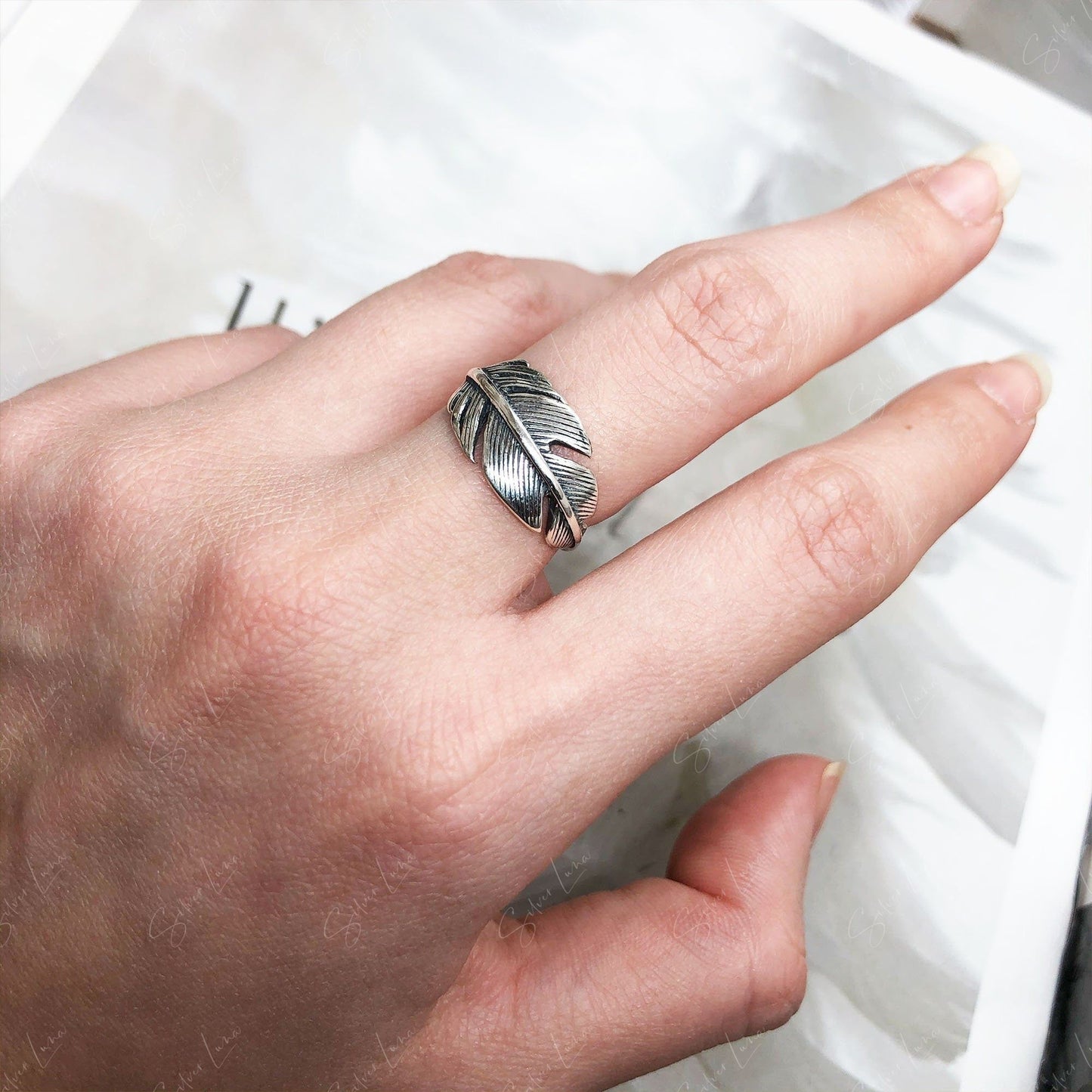 feather silver ring