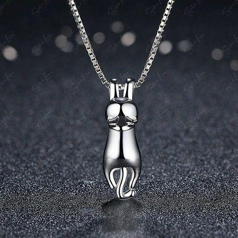 Hanging cat sterling silver pendant necklace
