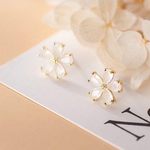 Gold opal flower sterling silver stud earrings