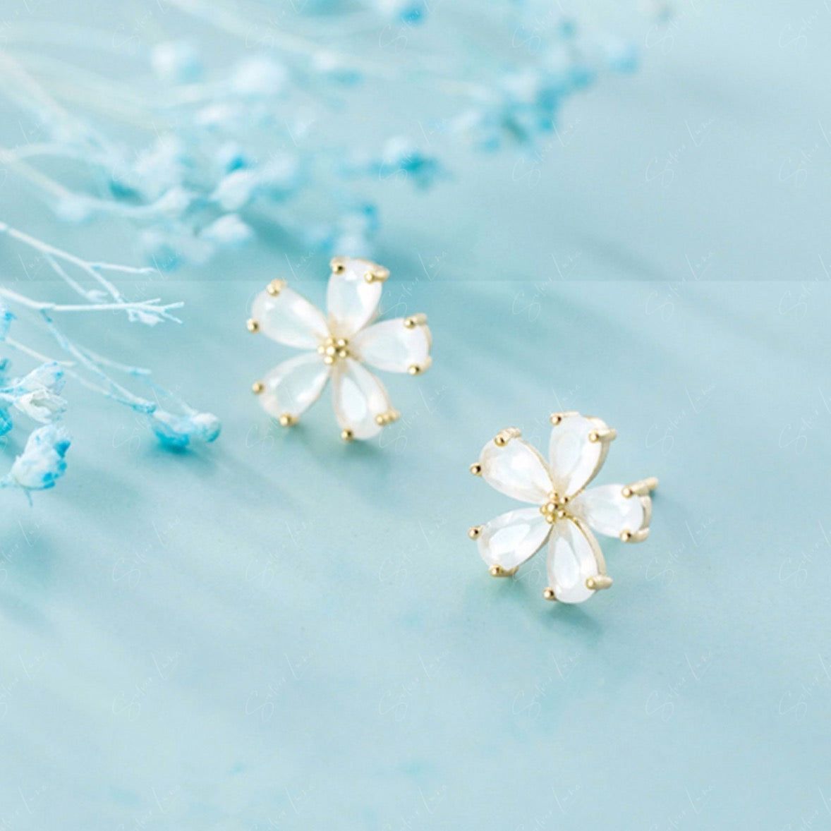 Gold opal flower sterling silver stud earrings
