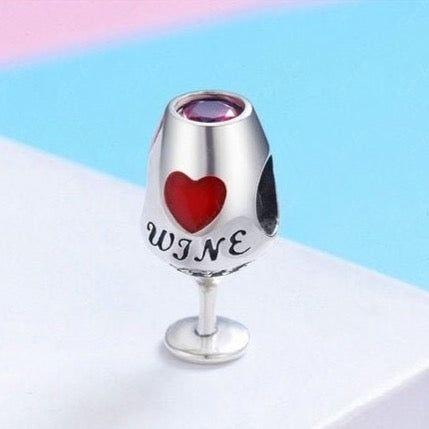 Red wine glass sterling silver charm bead