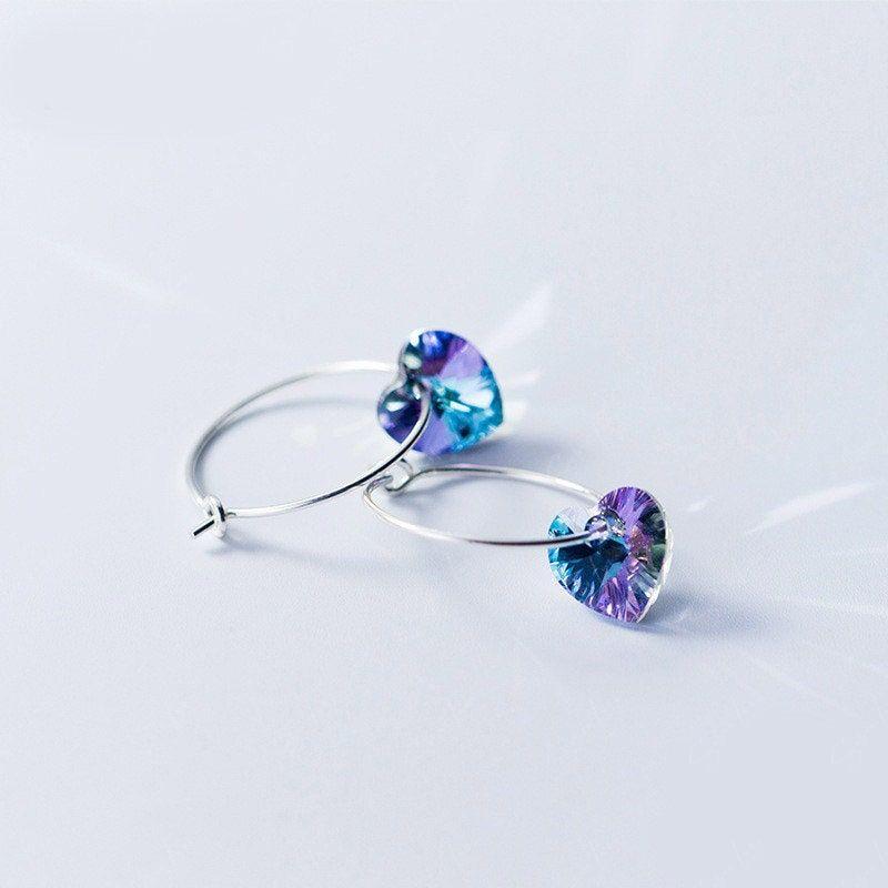 Crystal heart hoop sterling silver earrings