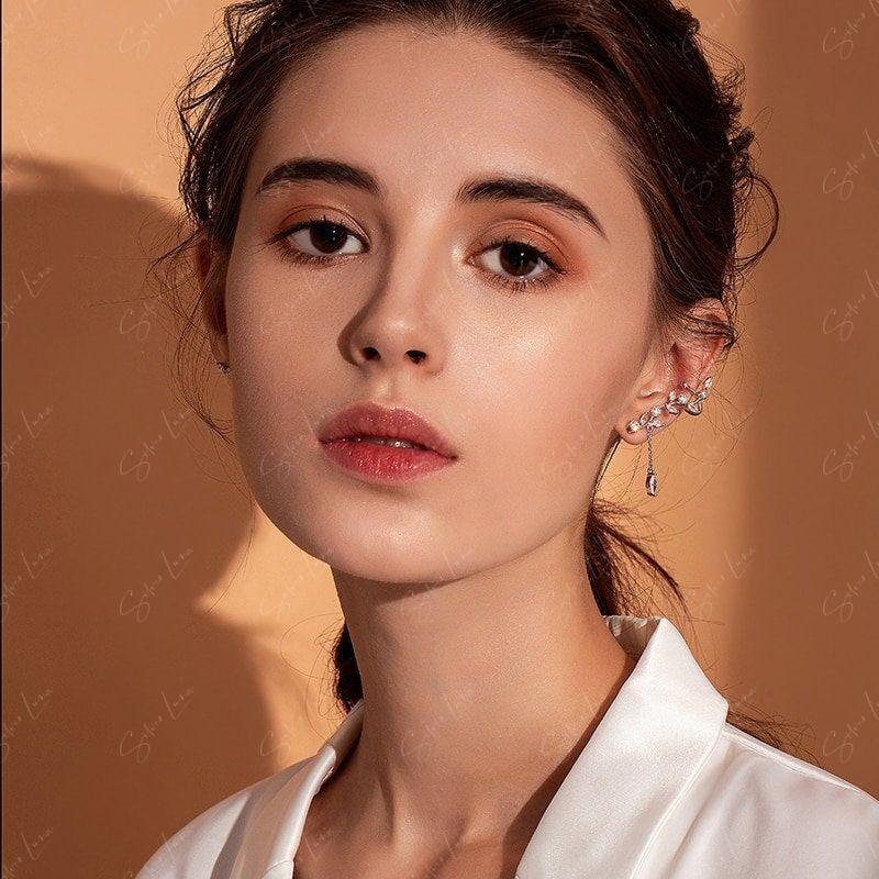 Asymmetric leaves branch stud earrings with cuff