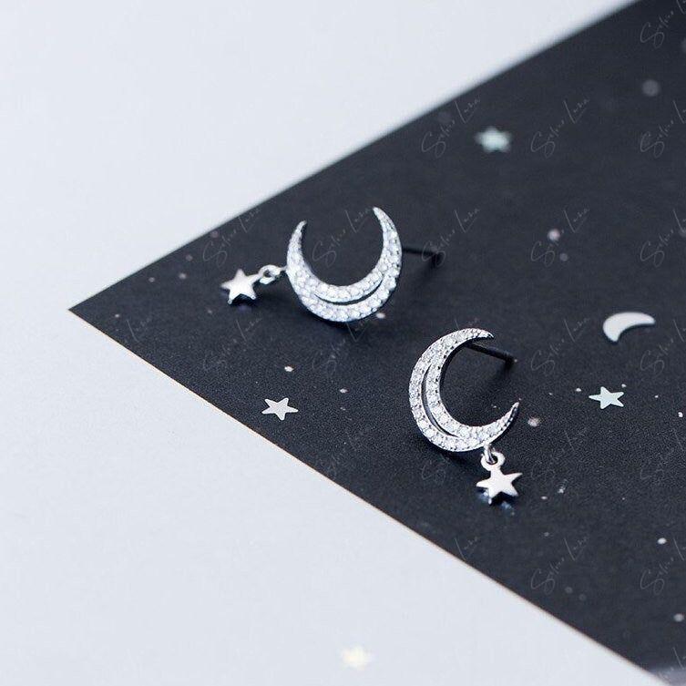 silver moon and star drop earrings