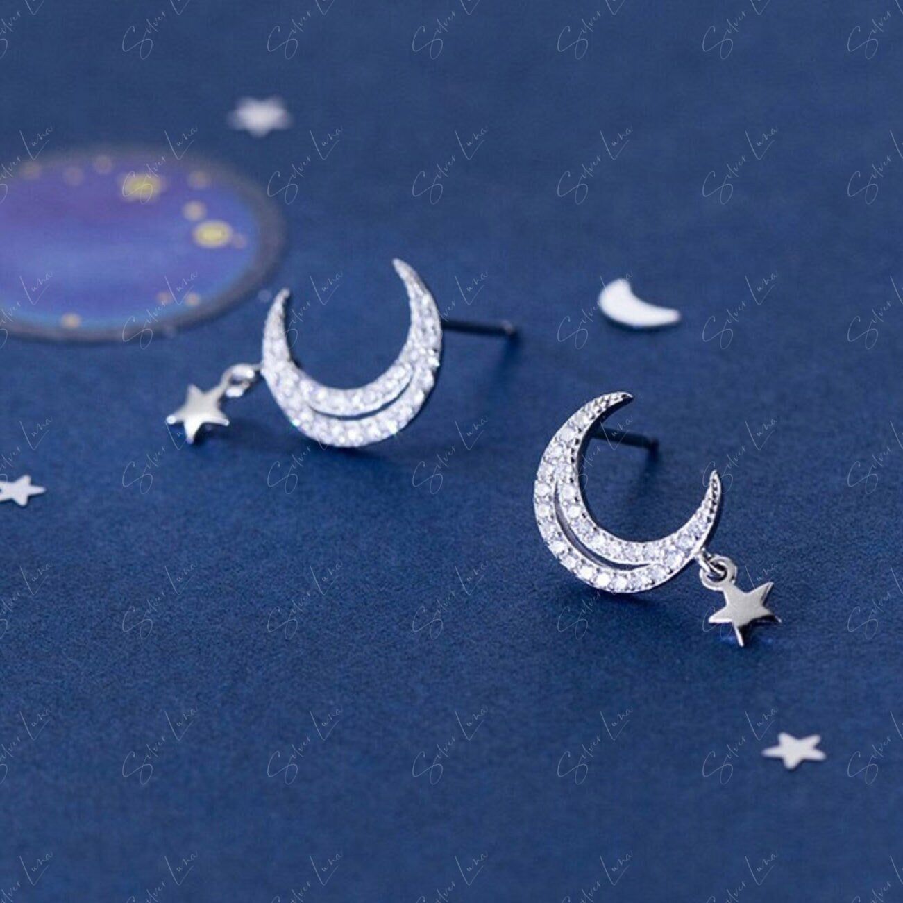 moon and star drop sterling silver earrings