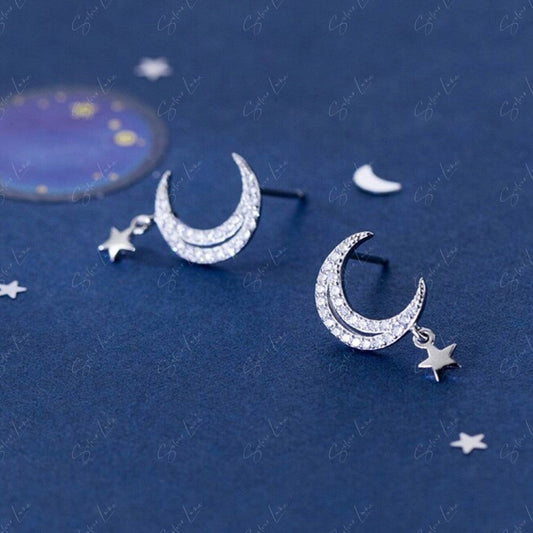 moon and star drop sterling silver earrings