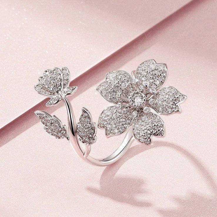 cubic zirconia cherry blossom silver ring