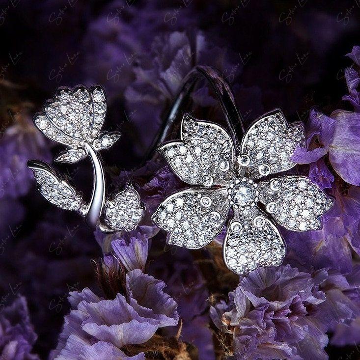 cubic zirconia cherry blossom silver ring