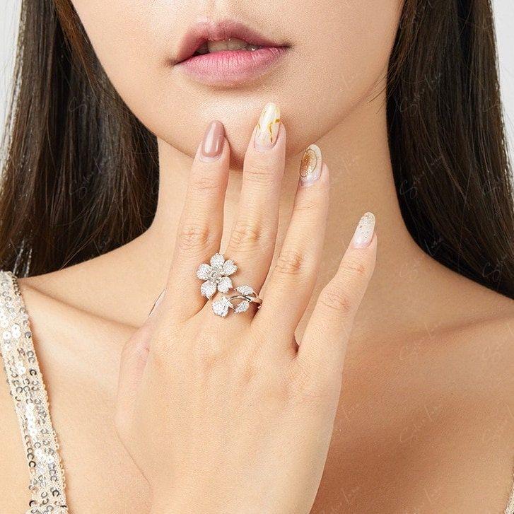cubic zirconia cherry blossom silver ring