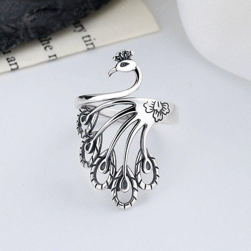 Phoenix Peacock sterling silver adjustable ring