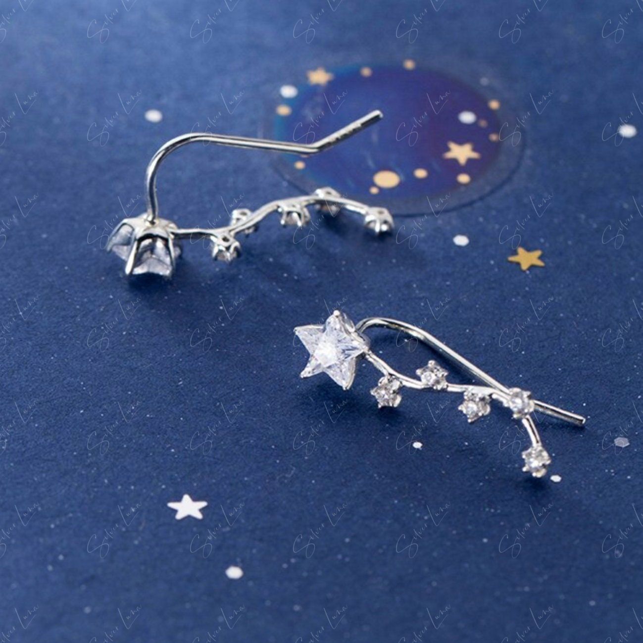 Shooting stars cubic zirconia ear climber stud earrings