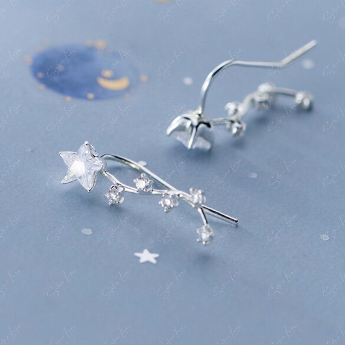 Shooting stars cubic zirconia ear climber stud earrings