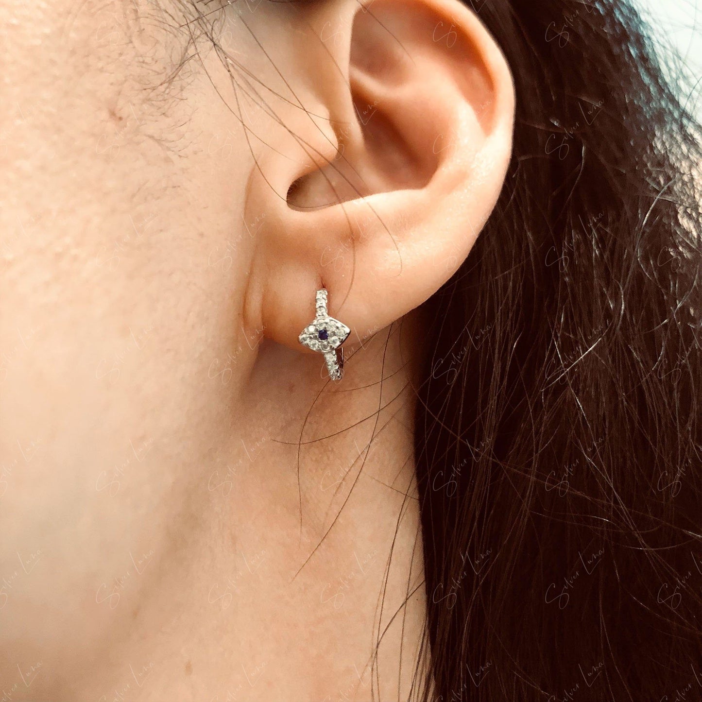 Protective Turkish evil eyes sterling silver hoop earrings