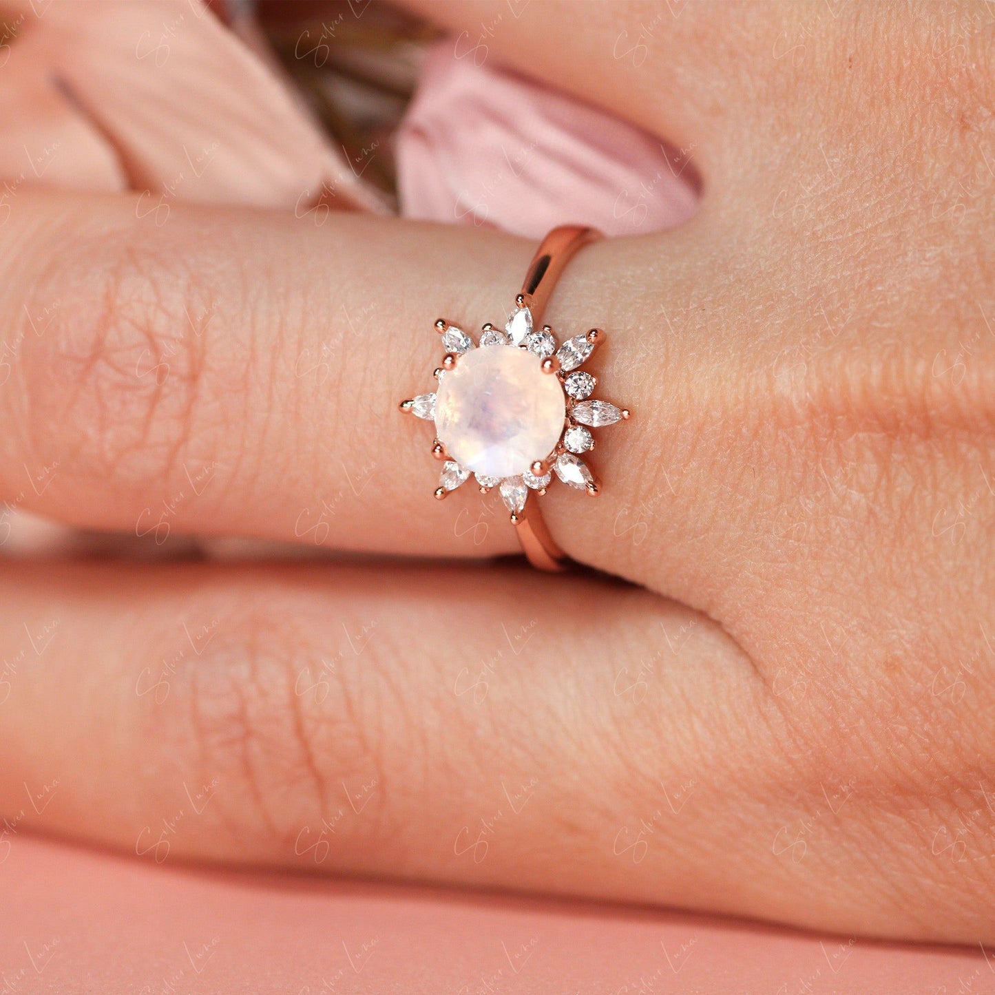 halo moonstone silver ring