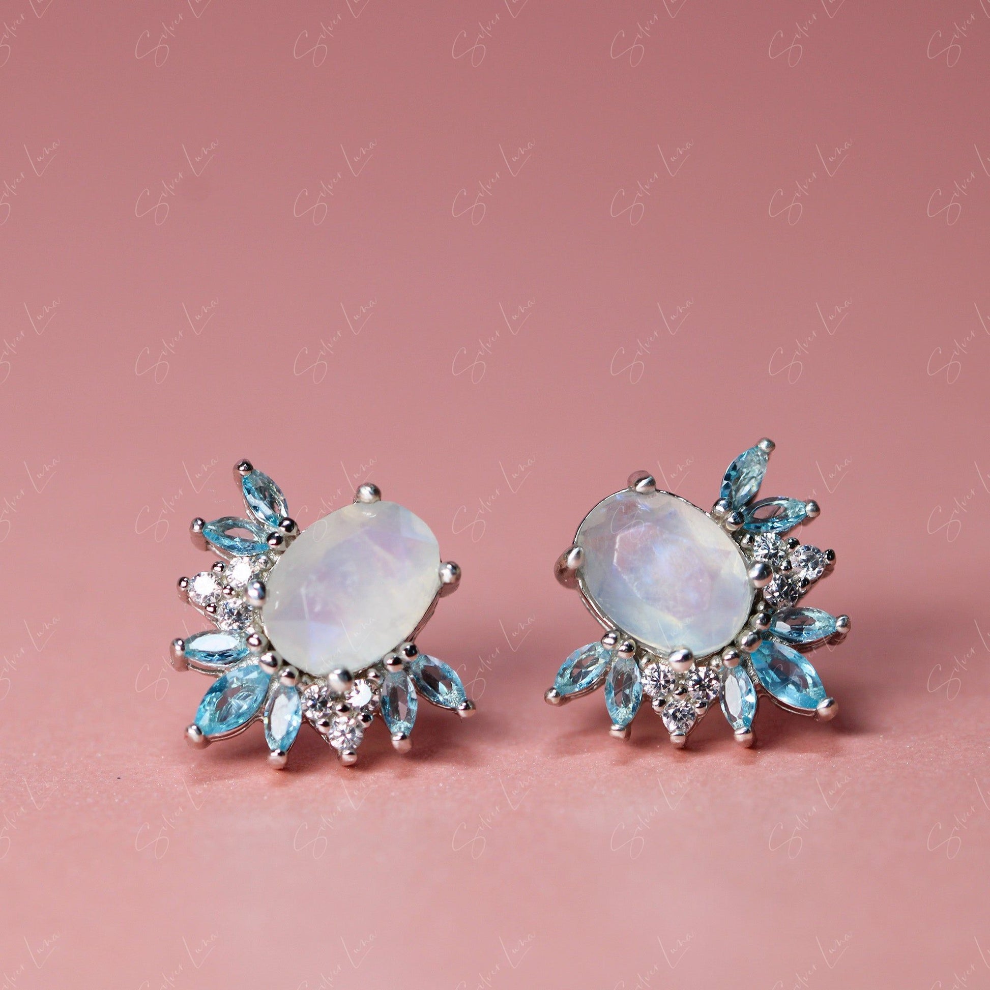 blue angel wing moonstone stud earrings