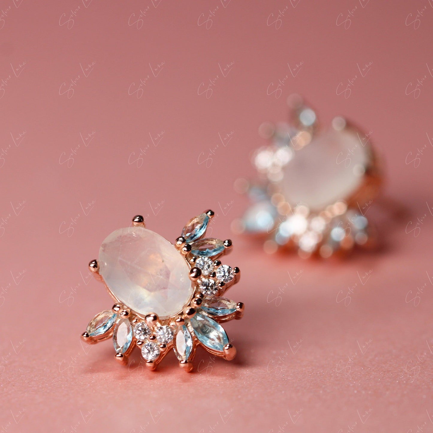 Natural moonstone and cubic zirconia silver stud earrings