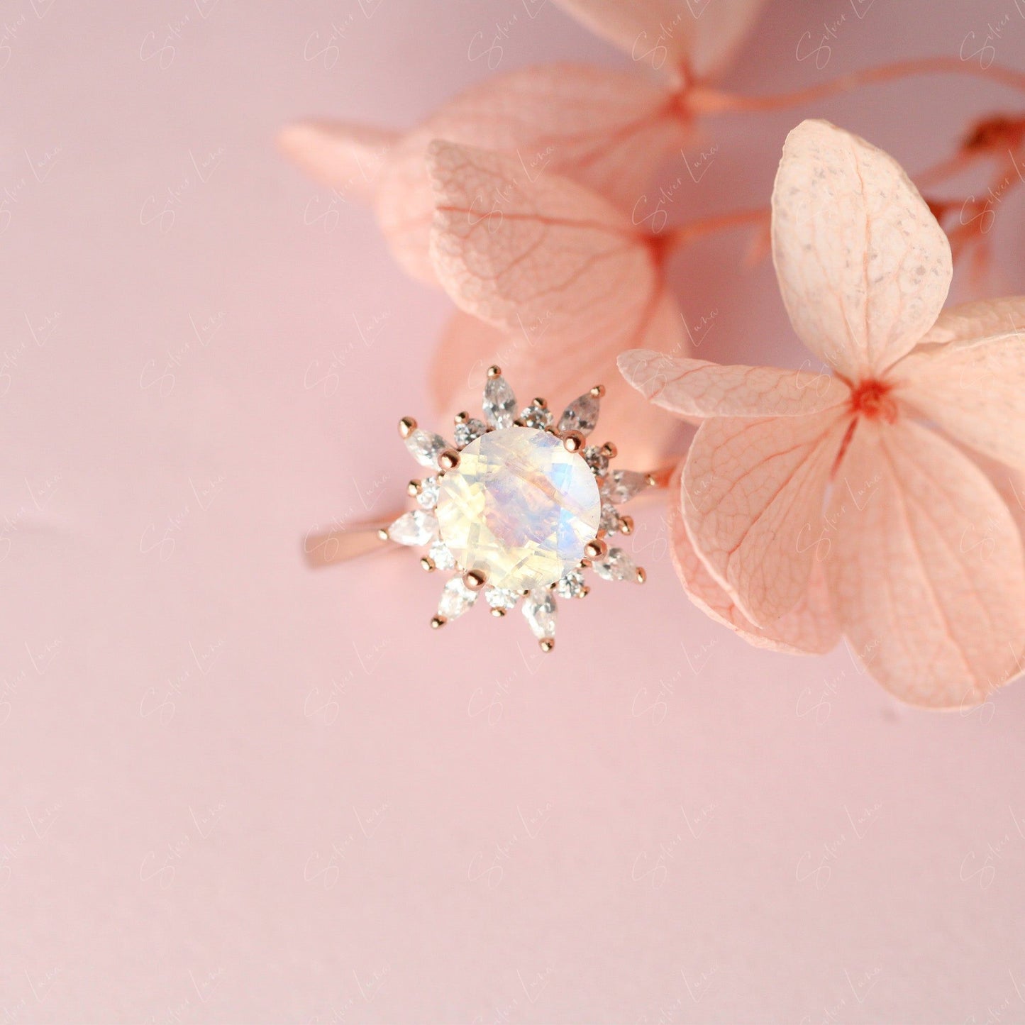 halo moonstone silver ring
