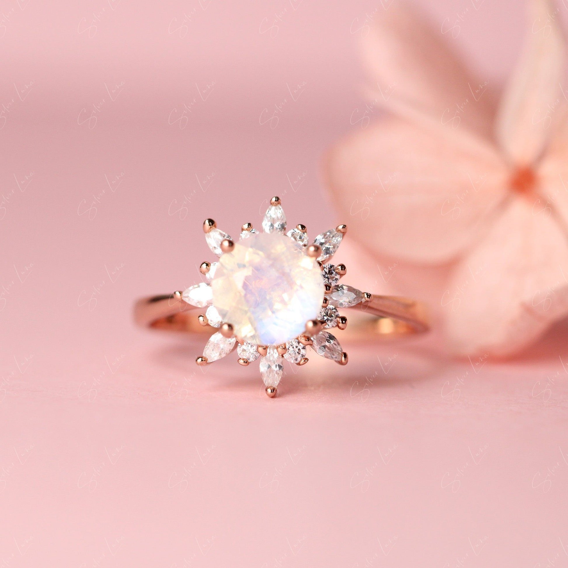 halo moonstone silver ring