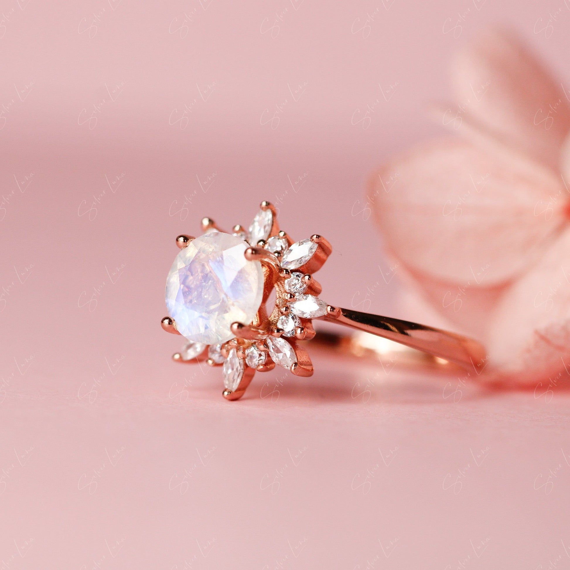 halo moonstone silver ring