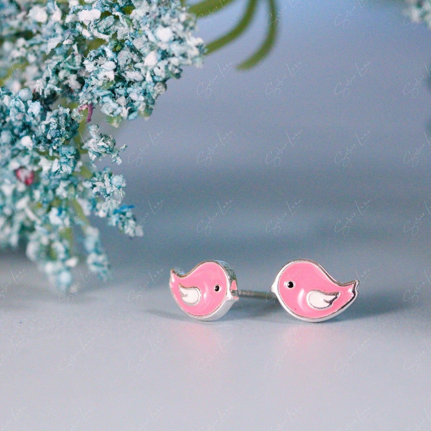 pink bird stud earrings