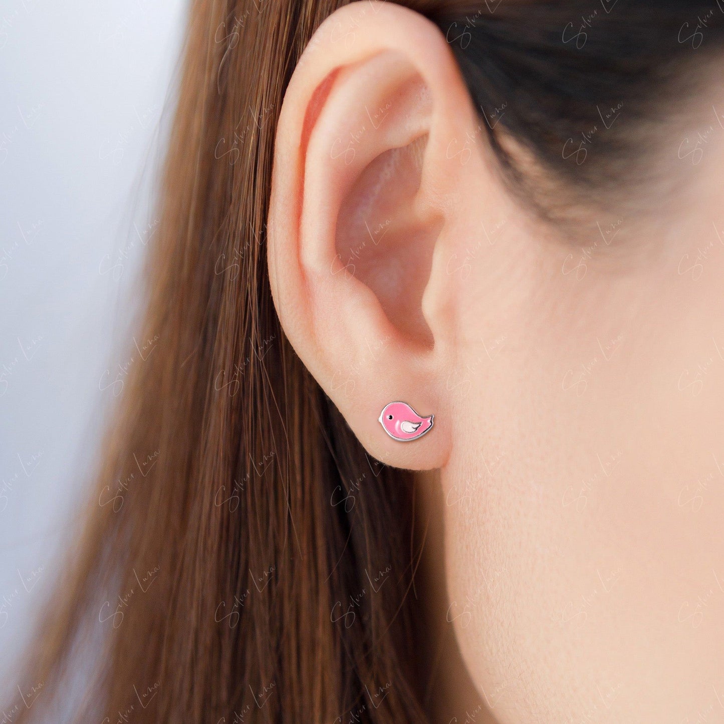 Enamel pink bird children sterling silver stud earrings
