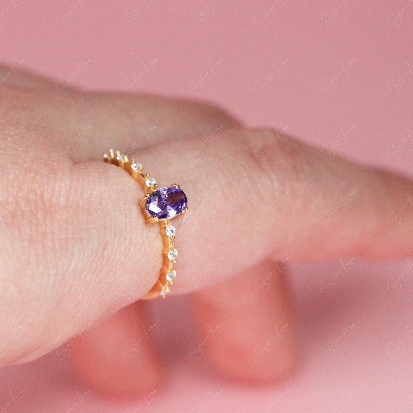 Purple oval cubic zirconia sterling silver ring