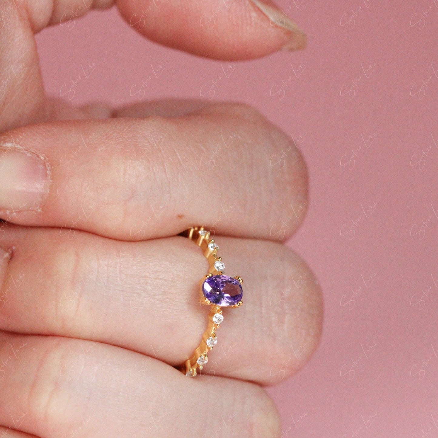 Purple oval cubic zirconia sterling silver ring
