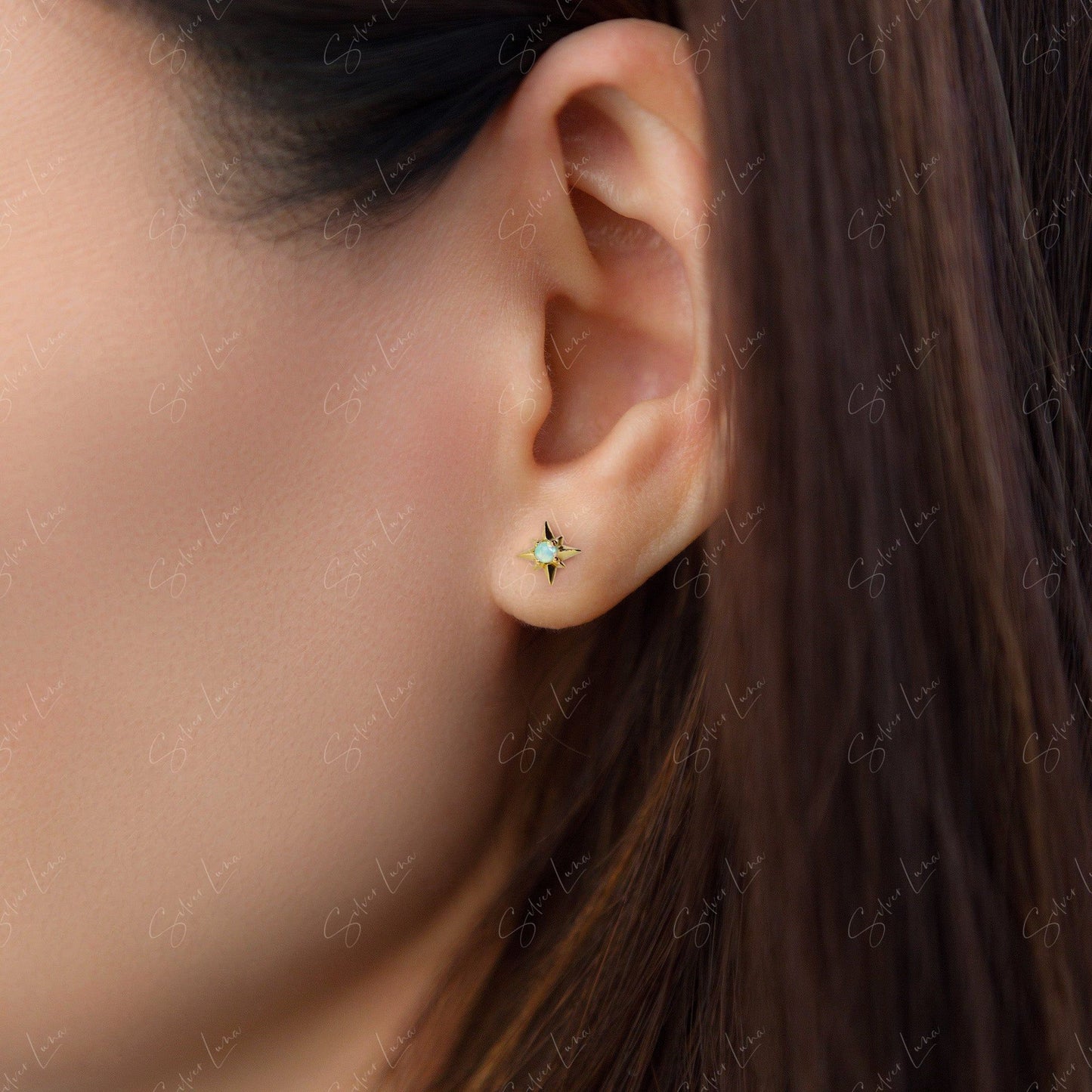 Tiny opal star sterling silver stud earrings