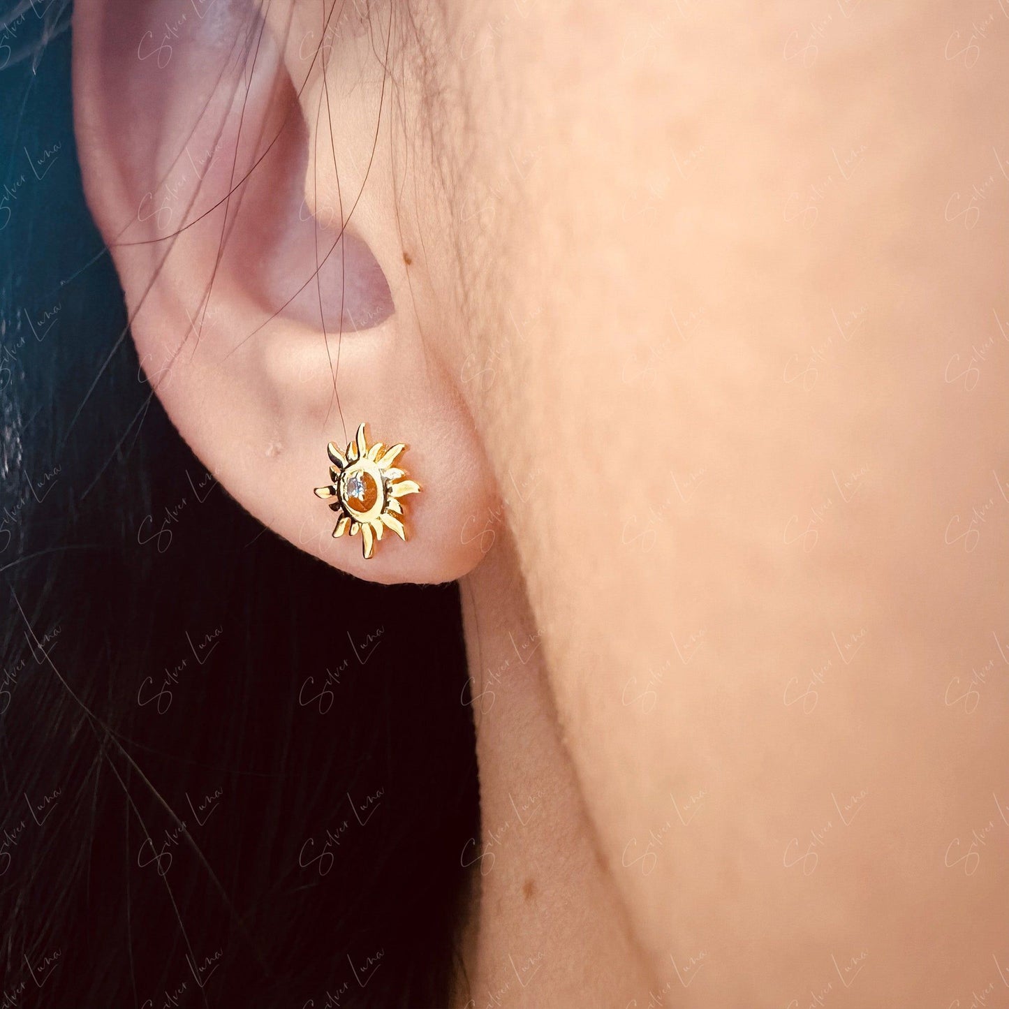 Tiny sun sterling silver stud earrings