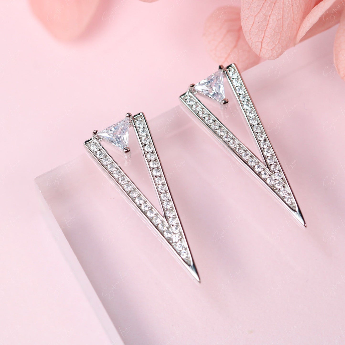 Cubic zirconia triangle stud earrings