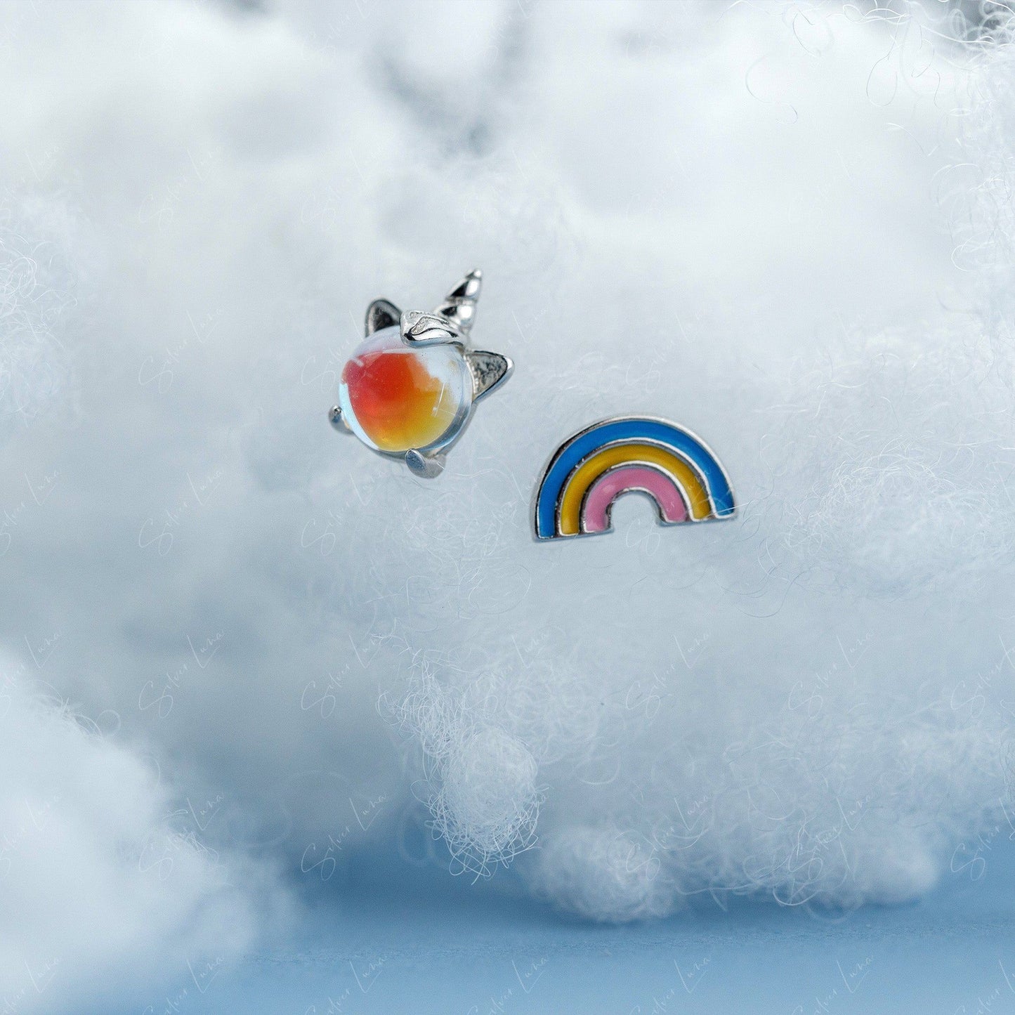 Rainbow and unicorn sterling silver stud earrings