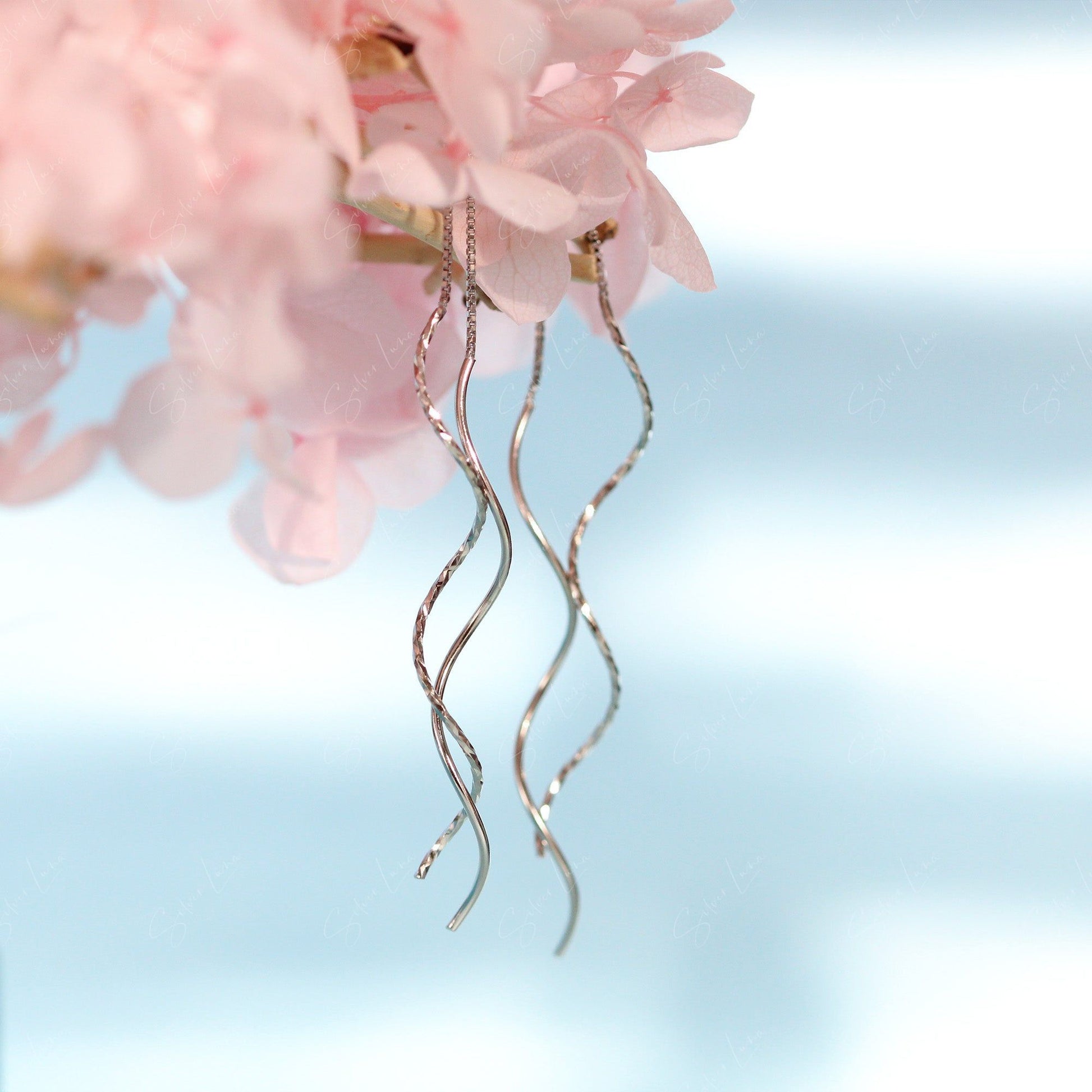 silver wave ear threader earrings