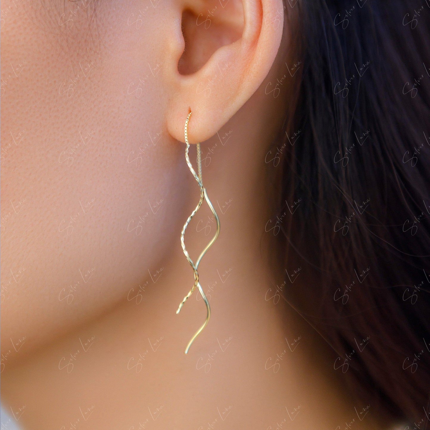 silver wave ear threader earrings
