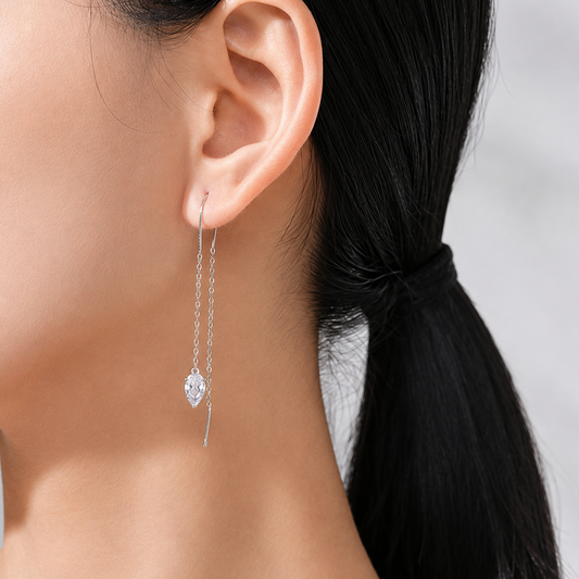 Teardrop cubic zirconia ear threaders in sterling silver