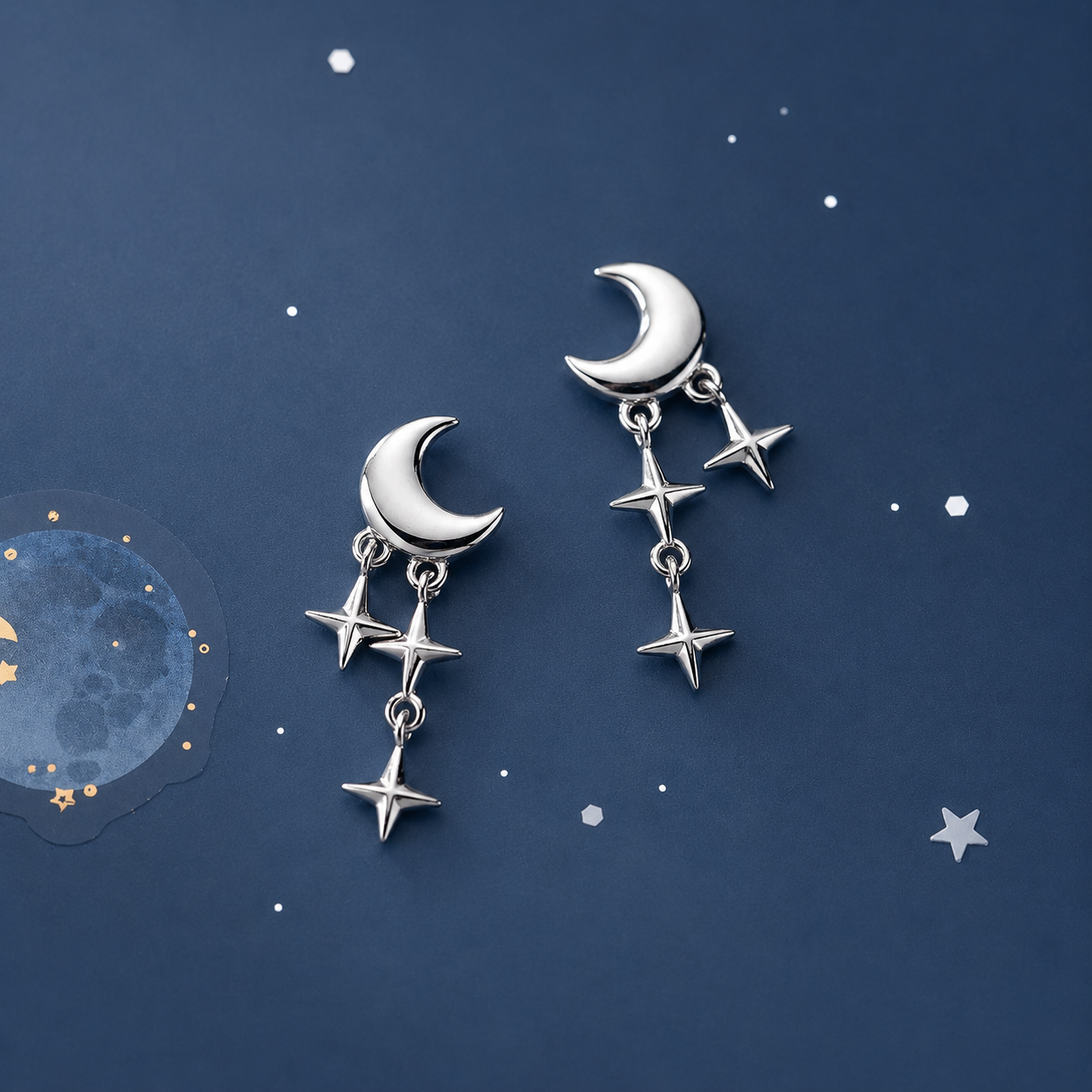 Moon with stars dangle sterling silver stud earrings