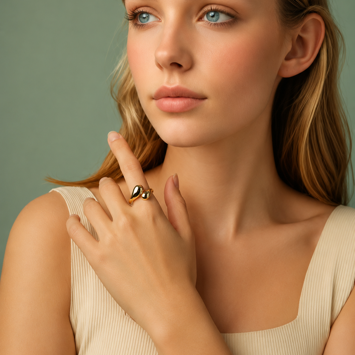 A close-up portrait of a woman with blonde hair and blue eyes, wearing a gold ring with a heart-shaped stone on her finger, set against a muted sage green background.