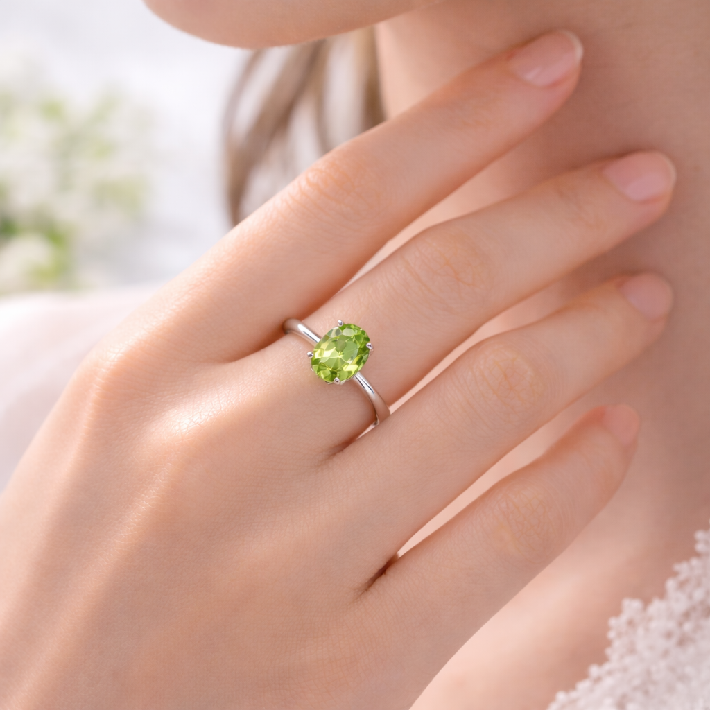 Natural peridot oval cut sterling silver ring
