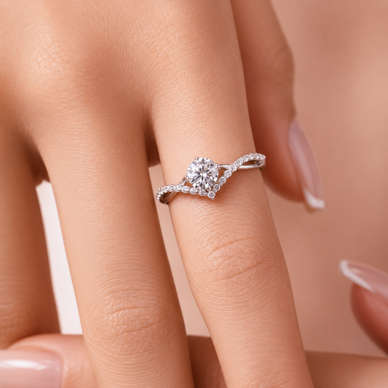 Diamond ring on a finger with a soft background