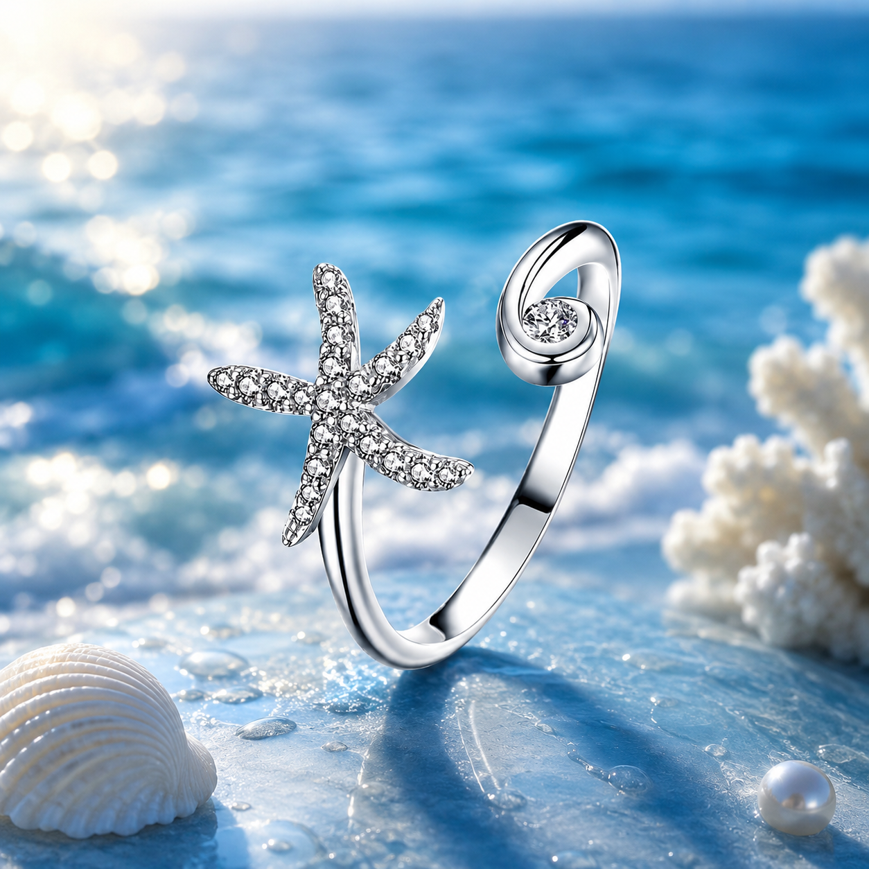 Sterling Silver Starfish Open Ring with Cubic Zirconia