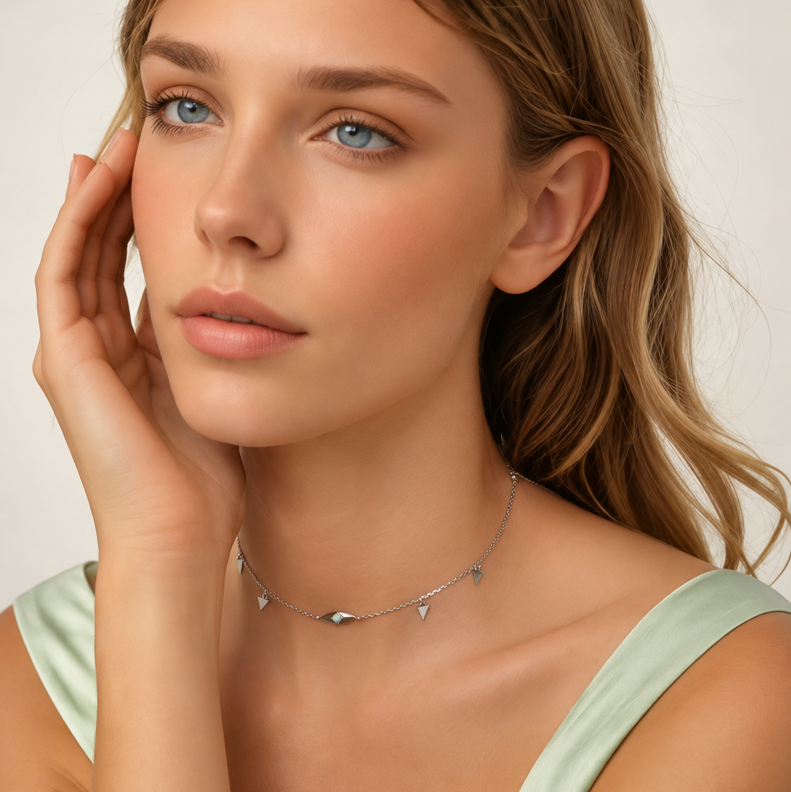 A close-up of a woman with blonde hair wearing a delicate silver chain necklace with small triangular charms, paired with a light sage green satin top against a soft beige background.