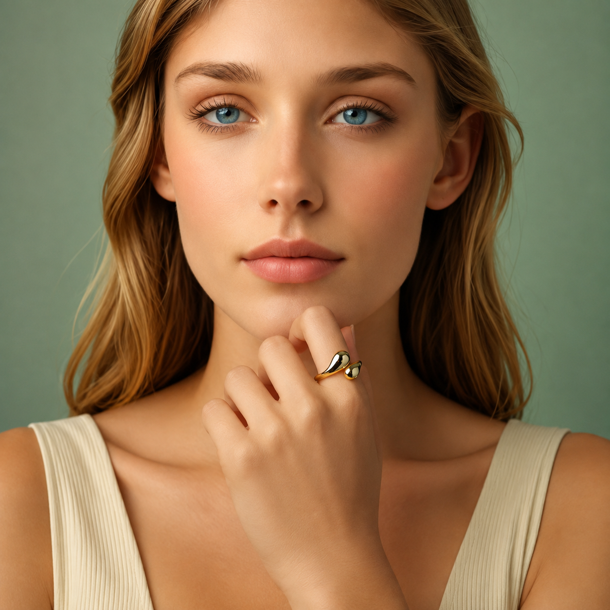 A close-up portrait of a woman with blonde hair and blue eyes wearing a gold ring with a dark stone, set against a muted sage green background.