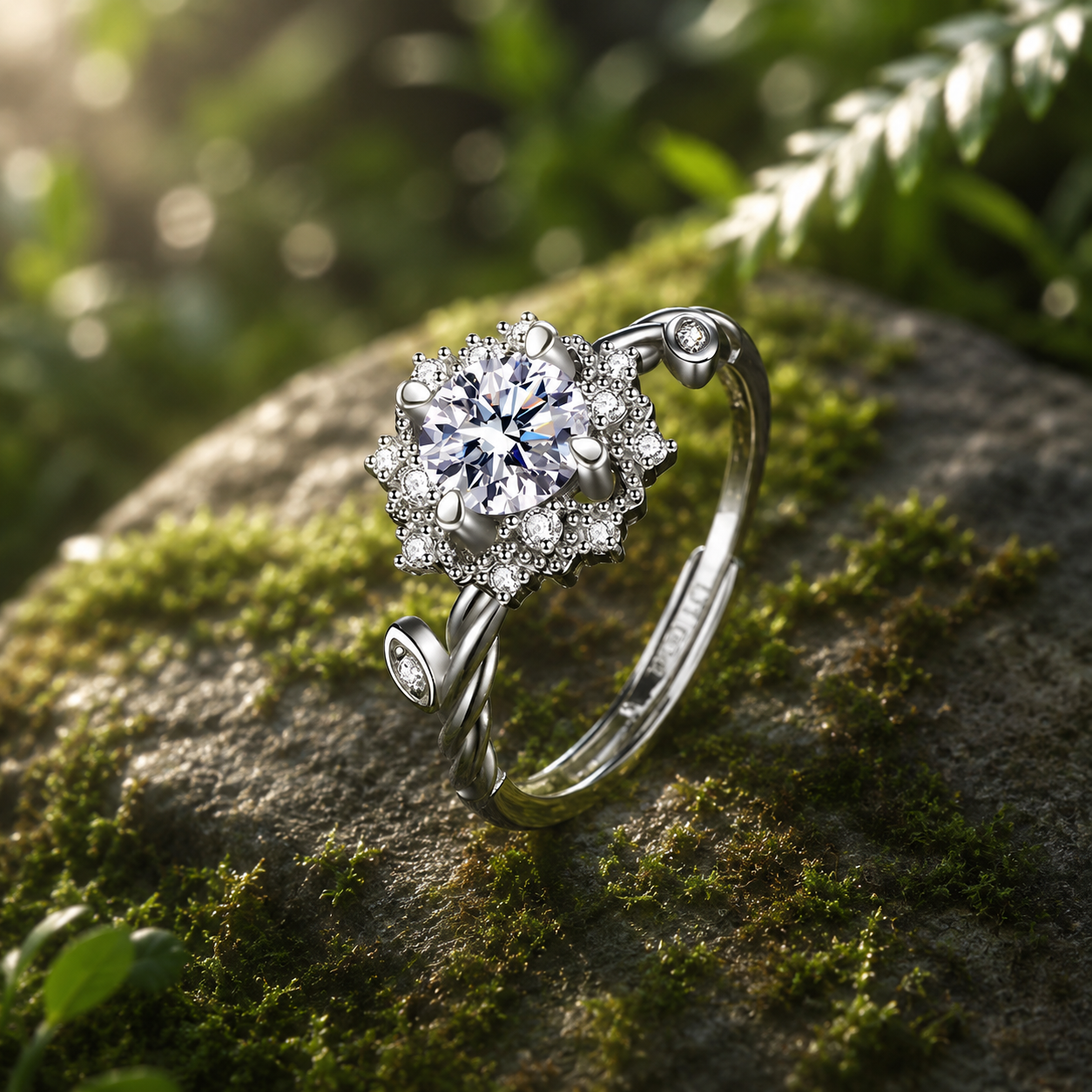 1 CT Moissanite Halo flower adjustable ring