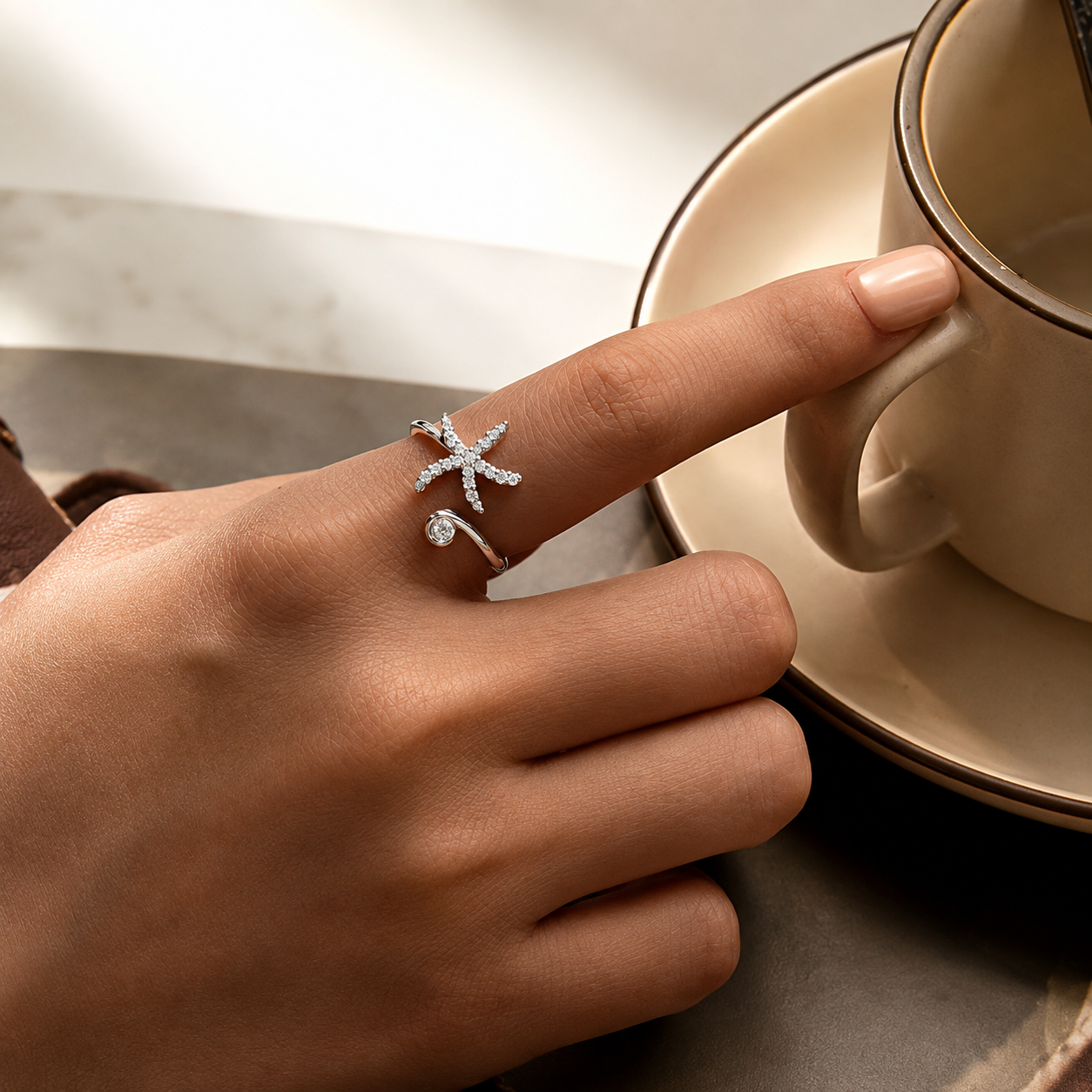 Sterling Silver Starfish Open Ring with Cubic Zirconia
