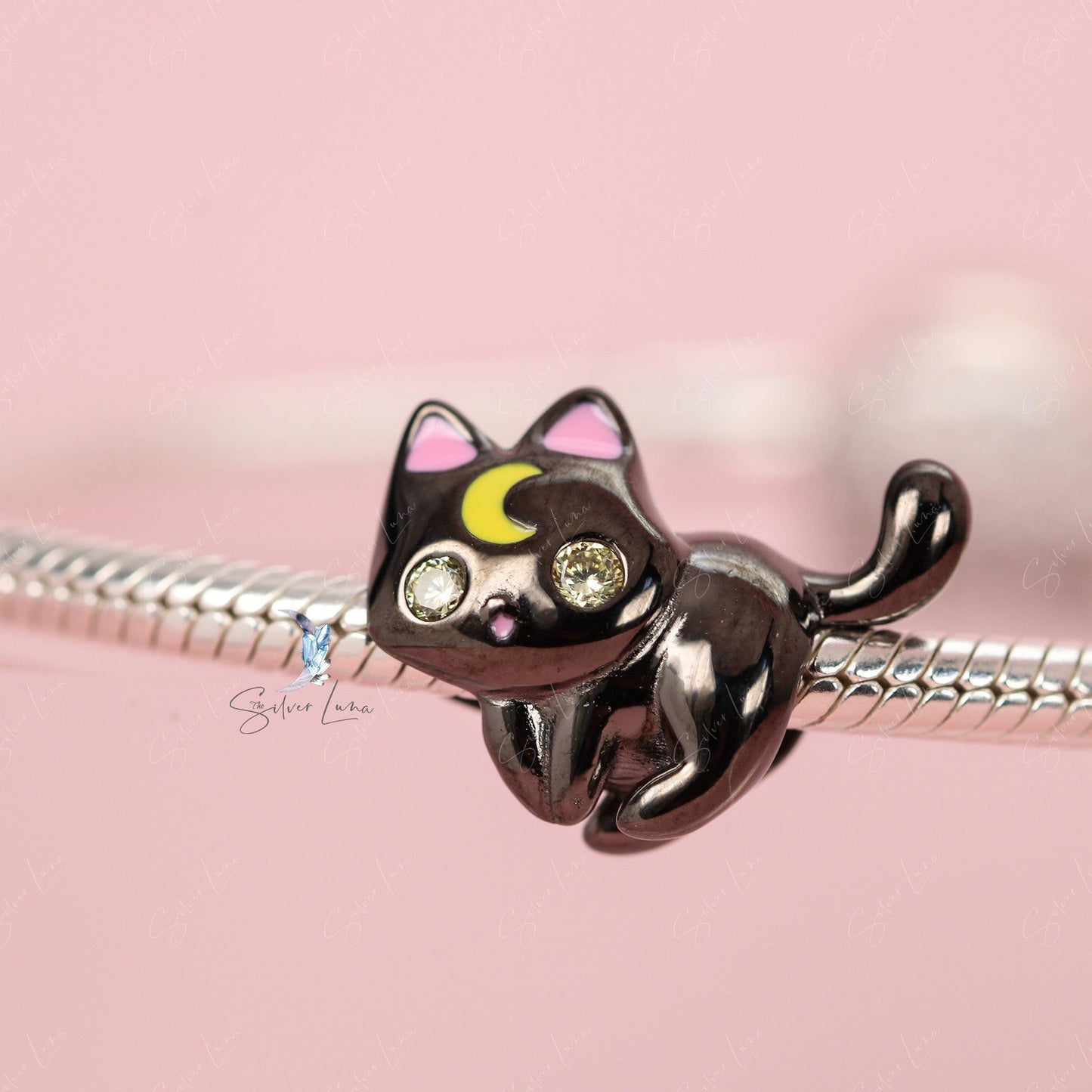 Luna black cat sterling silver charm for bracelet